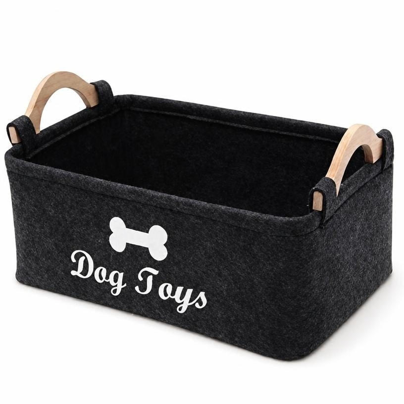 Chien avec ses balles, près du panier de rangement pour jouets